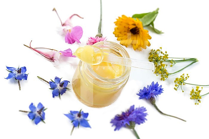 Raw organic royal jelly in a small bottle with litte spoon on small bottle surrounded by flowers on white background.