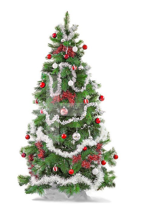 Red and white Decorated christmas tree, isolated on white