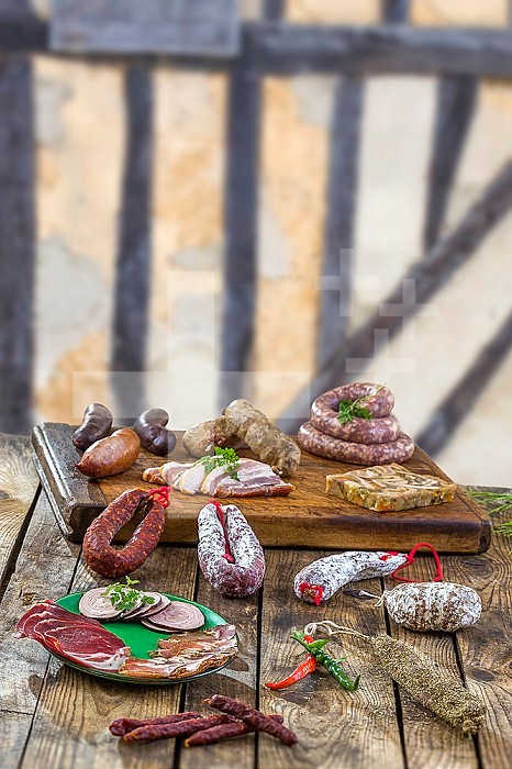 Dry sausage with parsley leaf isolated on ol wall background.