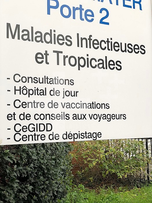 Sign indicating the service of infectious and tropical diseases in a French hospital.