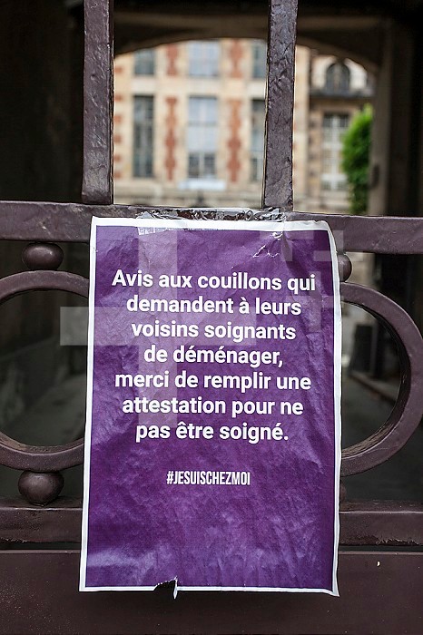 Poster for caregivers, coronavirus crisis, Europe, France, Paris, rue bichat, 75010.