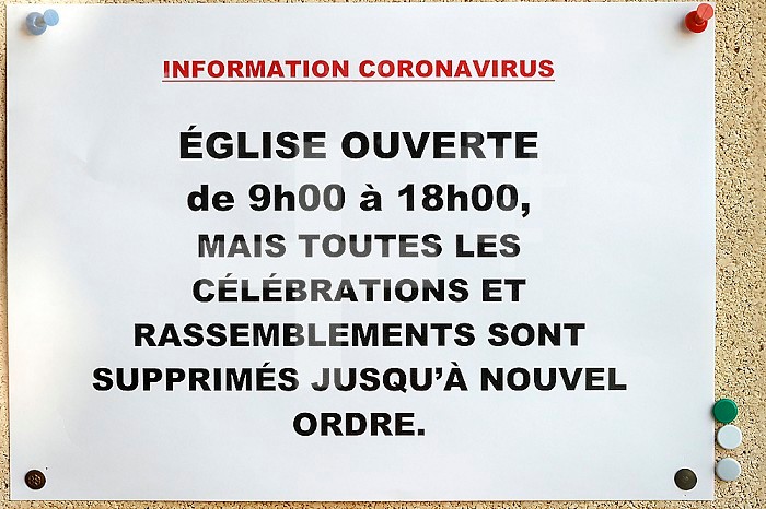 Coronavirus epidemic (covid-19). Lockdown. Church open but without celebration. Megeve. France.