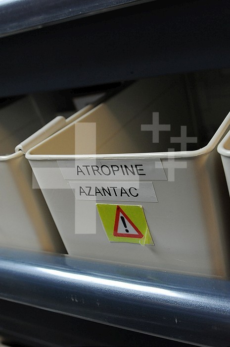 Medical intensive care unit at Jacques Cartier Hospital in Massy. Nurse and caregiver replenish stocks in the service pharmacy (Furosemide, Heparin, Ceftriaxone, cephalosporin antibiotic) used for patients with Covid 19. Atropine, Azantac.