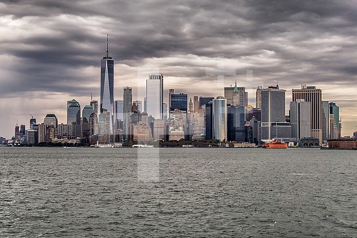 Manhattan Island in gray weather, New York City, NYC, United States, USA, America.