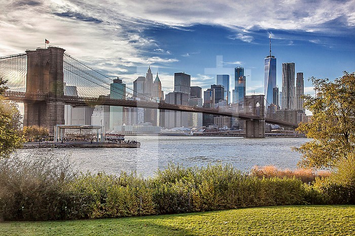 Brooklyn Bridge overlooking Manhattan, New York City, NYC, United States, USA, America.