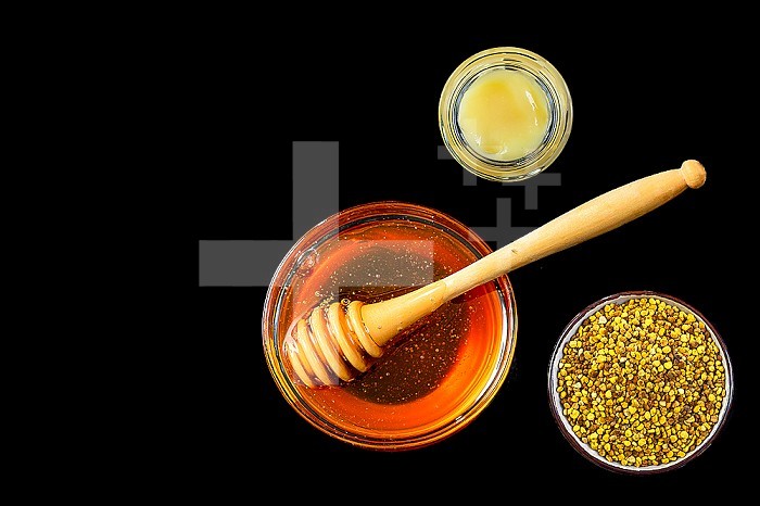 Various bee products, honey, royal jelly and flower pollen.