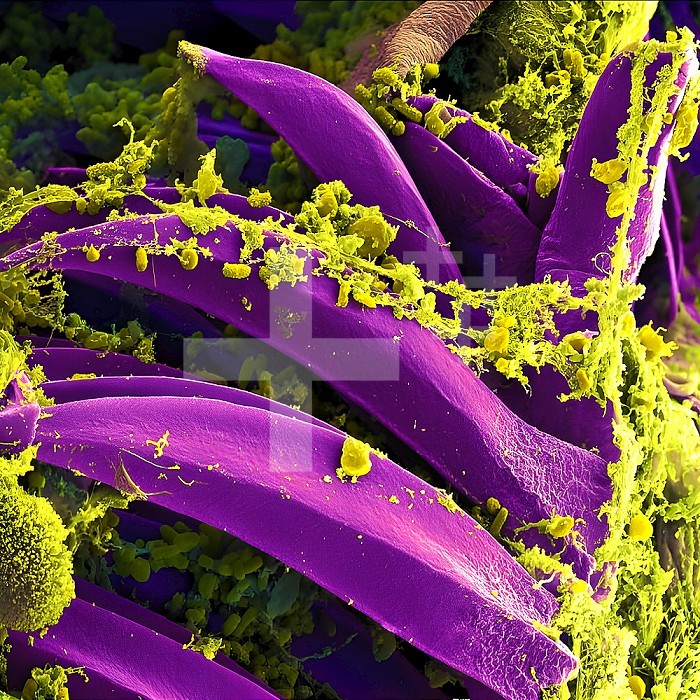 Scanning electron micrograph of Yersinia pestis, which causes bubonic plague, on proventricular spines of a Xenopsylla cheopis flea.