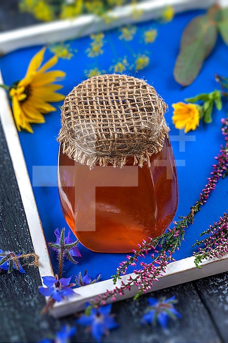 Jar of honey viewed from above surrounded by medicinal flowers