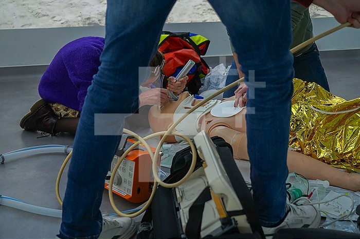 Emergency medicine students attends a circumstantial emergency simulation course led by two emergency physicians. Simulation of a drowning case at the beach. Realistic images and sound are projected all around the room to immerse students in total immersion. A young girl came up to the water´s edge in cardiac arrest. Cardiac massage and intubation are performed on site.