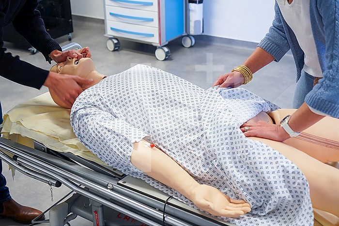 Resuscitation training on a dummy. Various health professionals are trained in the evolution of practices, care and emergency procedures within the Faculty of Medicine of Montpellier. They must work on serious cases of daily life faithfully reproduced on a SimMan dummy. Here, respiratory arrest on a man in his forties.