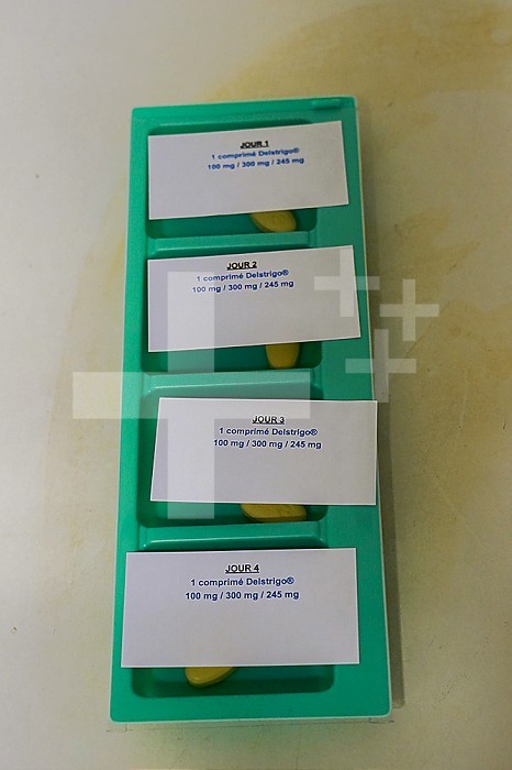 Antiretrovirals prepared for a patient admitted to the emergency room of a university hospital. The young girl was pricked by a needle, without her knowledge, during an evening in a bar and fears an injection of drug. Emergency treatment was given to him for four days to prevent possible transmission of HIV.