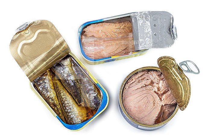 Cans of tuna and sardines opened top view