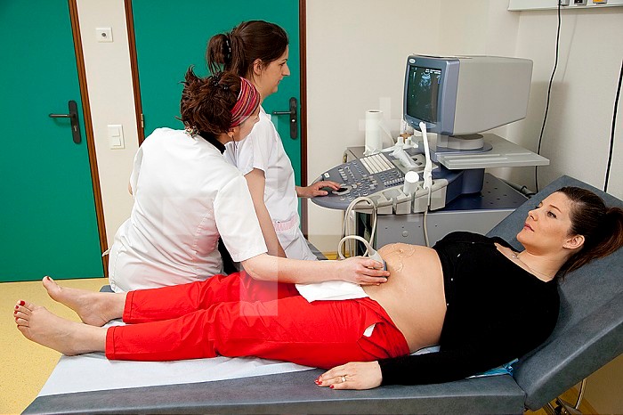 Hospital. Maternity. 4th year student midwife performing a prenatal ultrasound under the supervision of a midwife. 24 weeks, 6 months pregnant woman.