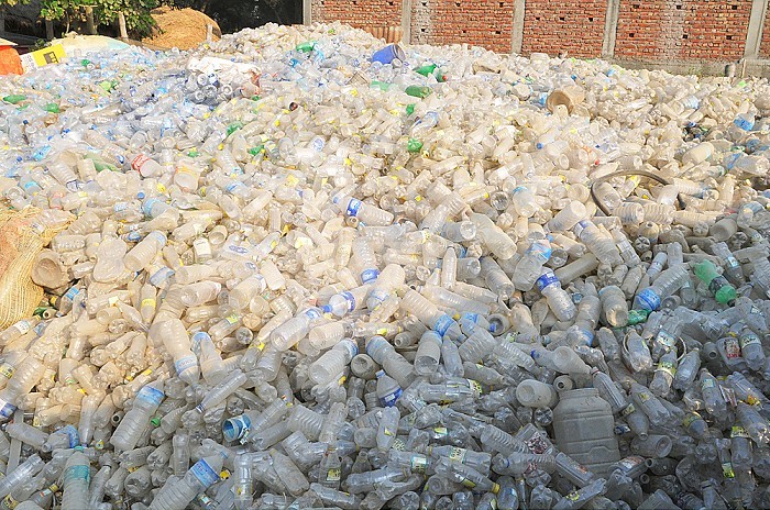 Pile of plastic bottles in Lumbini, Nepal.
