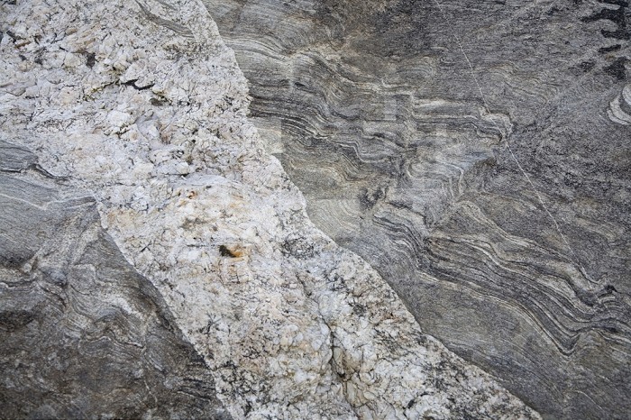 Pegmatite dike cutting folded Archean Gneiss, Teton Range, Wyoming, USA.