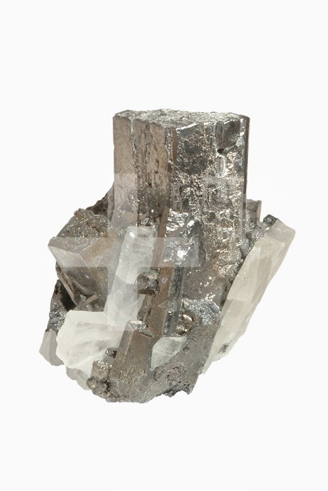 Tetrahedrite sharply terminated enargite crystals in a cluster with colorless bladed crystalline barite. The enargites have been replaced by silvery metallic crystallized tennantite. Neat pseudomorphs. Herminia Mine, Julcani District, Angaraes Province, Huancavelica Department, Peru