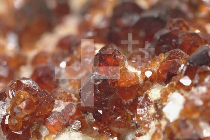 Spessartine brown-red translucent crystals on Hyalite Opal, Lechang City, Guanngdong Province, China