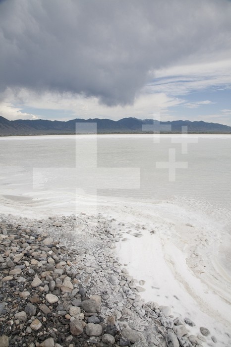 Precipitation of salt along the edge of a lake in the Great Salt Lake Desert, Utah, USA