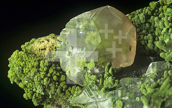 Calcite crystal and Mottramite, Tsumeb Mine, Namibia, Africa.