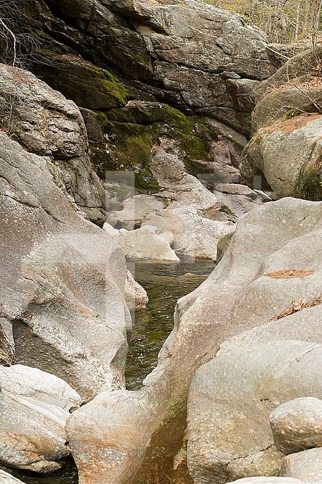 Water Erosion and potholes in granite rocks, Sculptured Rocks Natural Area, New Hampshire, USA.
