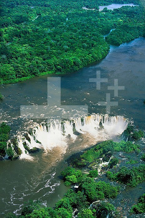 Aerial view of Santo Antonio waterfall in the rainforest on the Jari River coming down from Guyana Highlands, separating Para and Amapa States, Brazil.