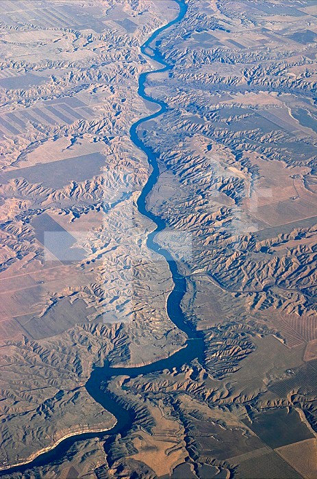 Aerial view showing meanders of the Missouri River as viewed northward. Montana, USA.
