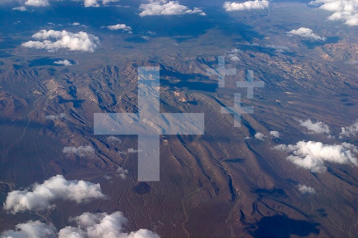 Aerial view of the Nevada Test Site, Nevada, USA. Yucca Mountain is the long ridge.