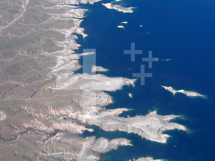 Aerial view of the shoreline of Lake Mead at low water levels, Nevada, USA.