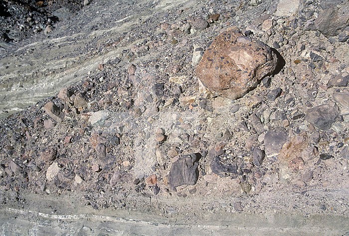 Conglomerate rocks, Miocene, Furnace Creek Formation, Death Valley, California, USA.