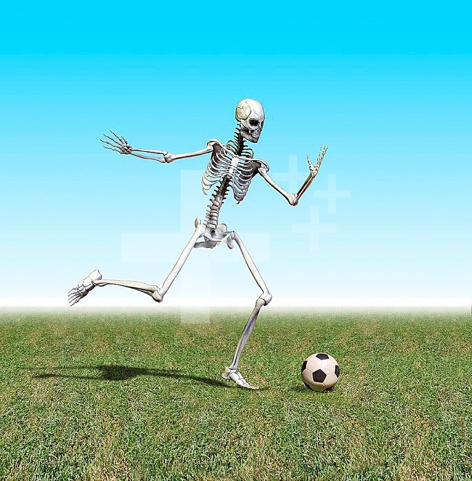Skeleton playing soccer.