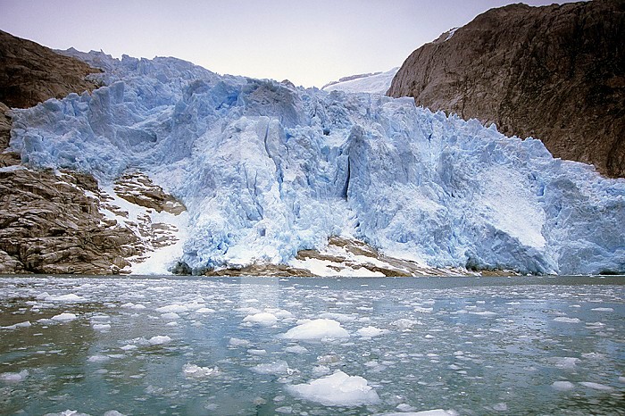 Piloto Glacier in Chico Fjord in Patagonia, Chile. This is a rapidly moving outlet glacier that is calving small icebergs into the fjord. However, climate change has greatly reduced the glacier in size.
