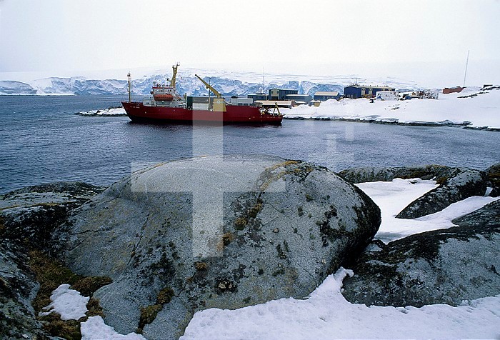The Polar Duke icebreaker and research vessel docked at Palmer Station, Anvers Island, off the Antarctic Peninsula. Palmer Station is the only U.S. research station in Antarctica located north of the Antarctic Circle.
