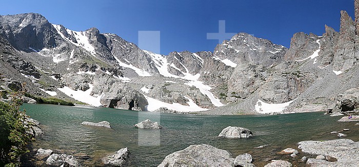 Glacial cirque, Loch Vale, Rocky Mountain National Park, Colorado, USA. This panoramic view is from Skypond to Taylor Glacier.