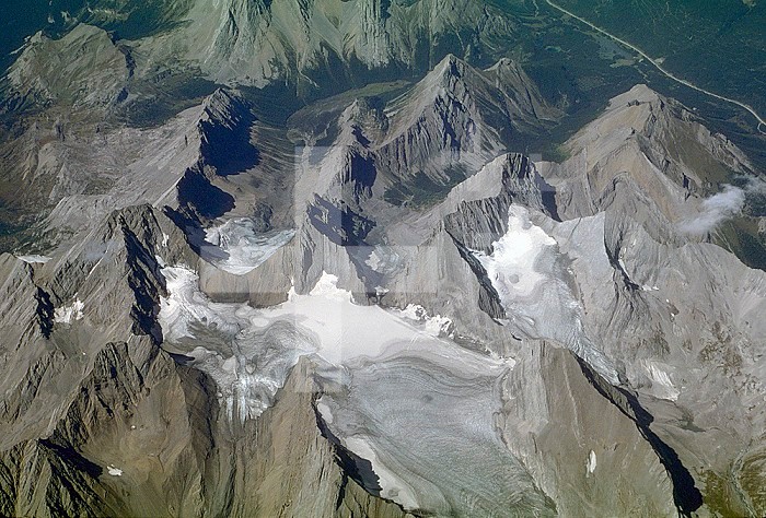 Aerial view of glacial landscape, glaciers, cirques and horns, Canadian Rockies, Alberta.