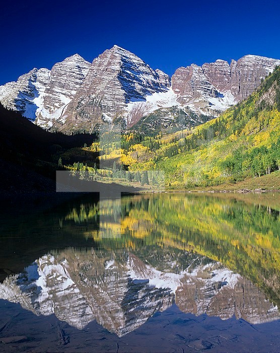 Maroon Bells reflected on Maroon Lake, White River National Forest, Colorado, USA.