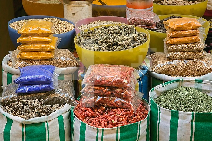 Rows of colorful spices for sale, Luxor, Egypt