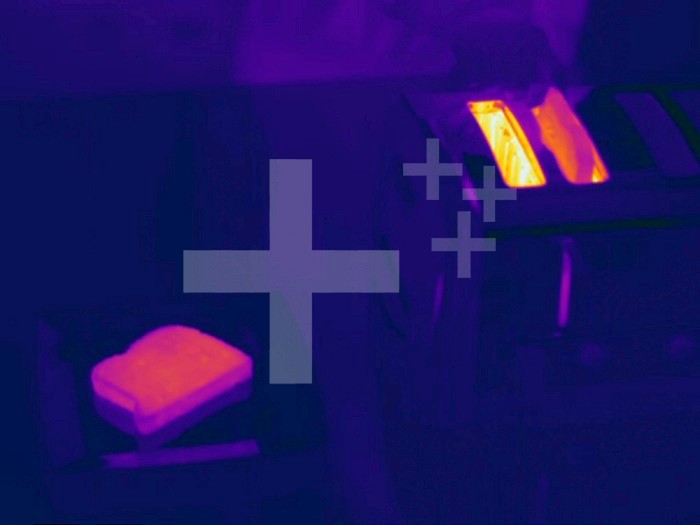 Thermogram - Toaster - The colors show temperature variation. The temperature scale runs from white (warmest) through yellow, orange, red, purple and black (coldest)