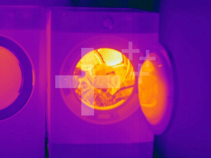 Thermogram - Dryer immediately after cycle - The colors show temperature variation. The temperature scale runs from white (warmest) through yellow, orange, red, purple and black (coldest)
