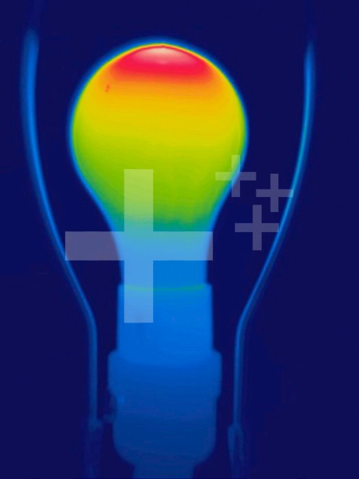 Thermogram - Incandescent light bulb - The colors show temperature variation. The temperature scale runs from white (warmest) through red, yellow, green and cyan, blue and black (coldest)