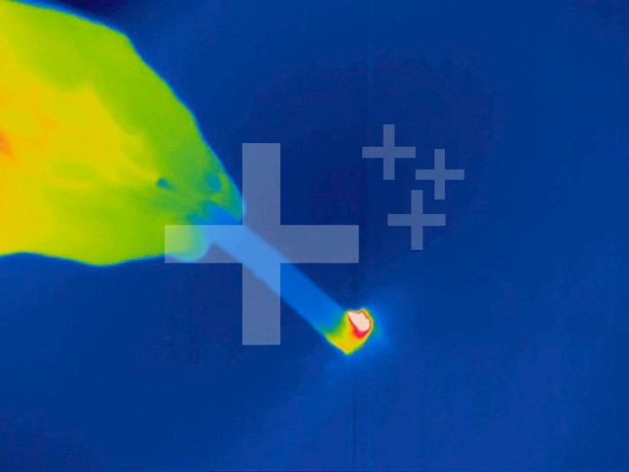 Thermogram - Extinguishing lit cigarette - The colors show temperature variation. The temperature scale runs from white (warmest) through red, yellow, green and cyan, blue and black (coldest)