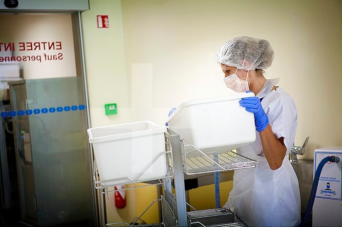 Reportage in a sterilisation unit in Thonon-les-Bains hospital, France. All the hospital services send their equipment here to be sterilised. Each instrument has a tracking form which allows each stage of sterilisation to be retraced. The instruments are first washed by hand.