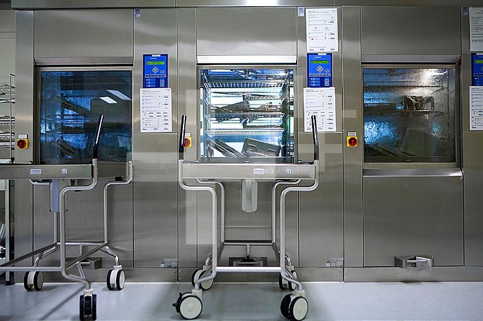 Reportage in a sterilisation unit in Thonon-les-Bains hospital, France. All the hospital services send their equipment here to be sterilised. Each instrument has a tracking form which allows each stage of sterilisation to be retraced. The instruments are put in washers.