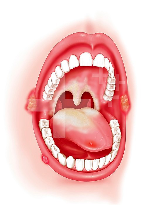 Illustration of the various pathologies of the mouth other than dental. -Herpes simplex, or cold sore. -Fungal infections, fungi such as Candida : angular cheilitis, at the corners of the mouth, skin lesion with white crust and fissure, and oral candidias
