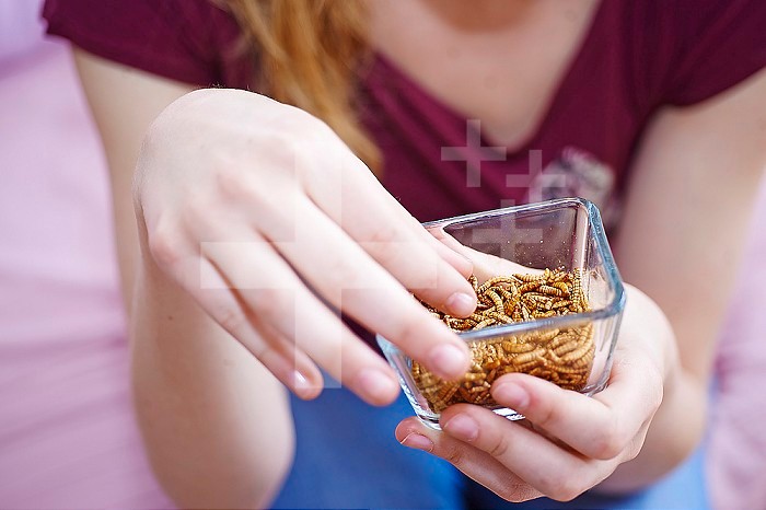Woman eating mealworms.