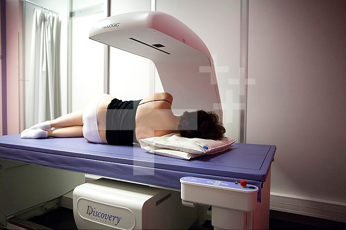 Reportage in a radiology service in a hospital in Haute-Savoie, France. Bone densitometry examination.