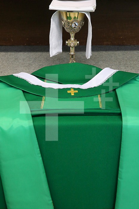 Ars-sur-Fromans. Sanctuary-Shrine of Jean-Marie Vianney (the Cure d´Ars). Chasuble and chalice.