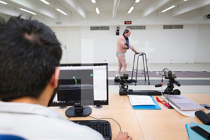 Reportage on the Rossetti health centre in Nice, France. This rehabilitation centre is a hub of excellence with cutting-edge technology. Seen here, a quantified motion analysis test carried out in the Clinical Motion Analysis Unit, a technical platform enabling a better understanding of walking anomalies. The patient is following a rehabilitation program following a stroke.